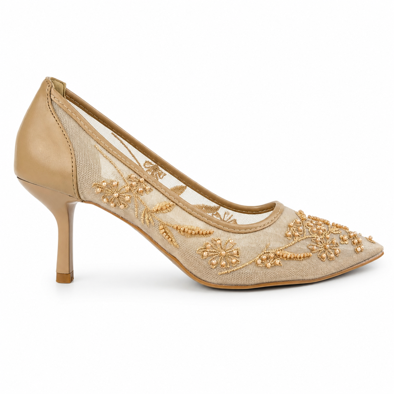Embroidered Pearl Heels - Beige - image 1