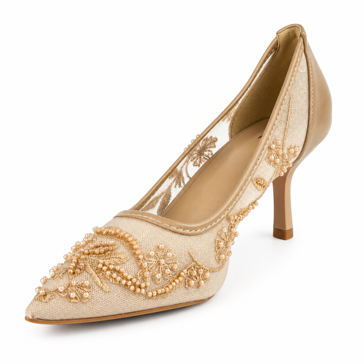 Embroidered Pearl Heels - Beige - image 4
