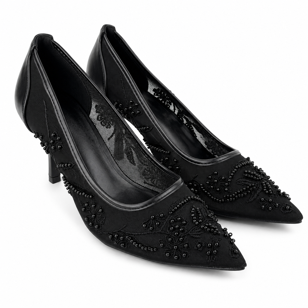 Embroidered Pearl Heels - Black - image 2