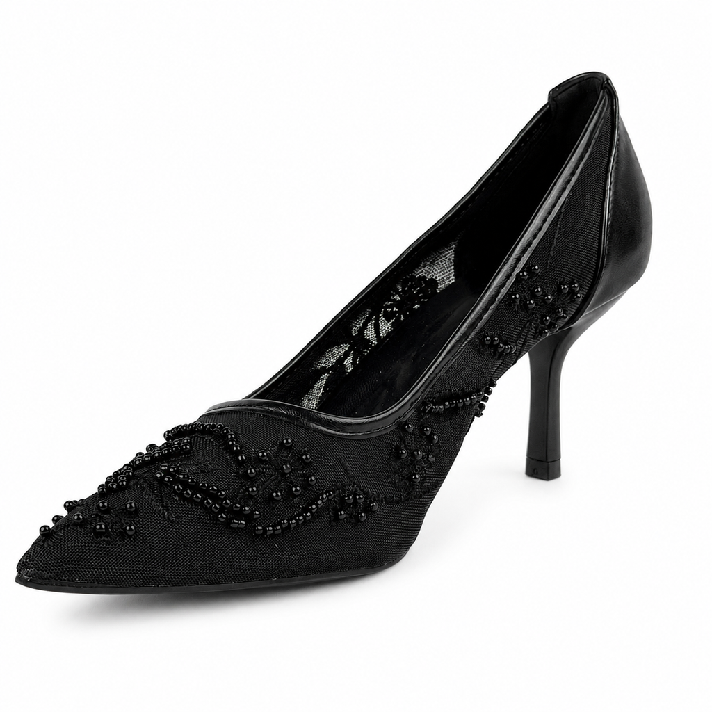 Embroidered Pearl Heels - Black - image 4