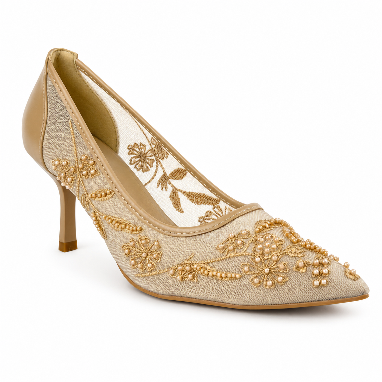 Embroidered Pearl Heels - Beige - image 2