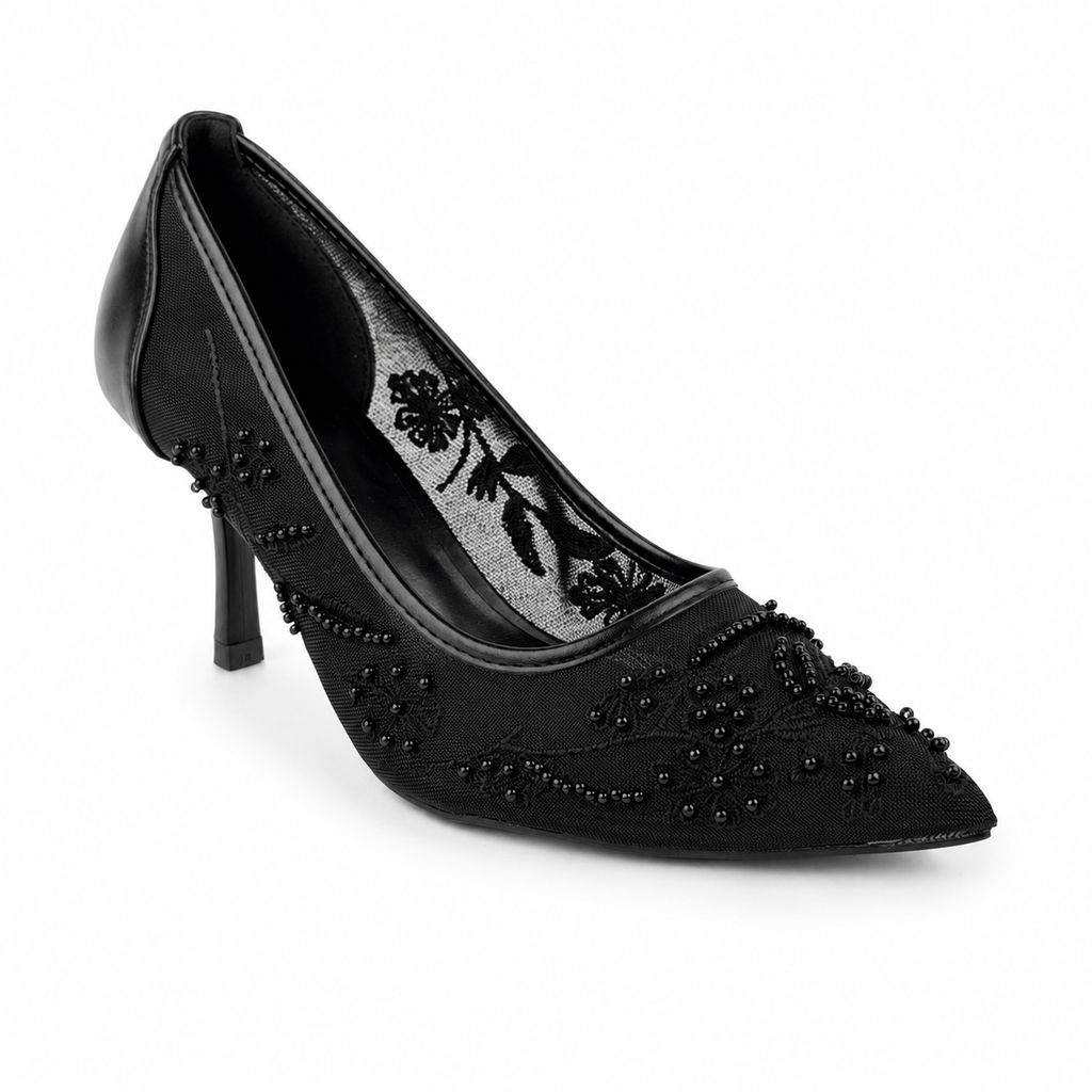 Embroidered Pearl Heels - Black - image 6