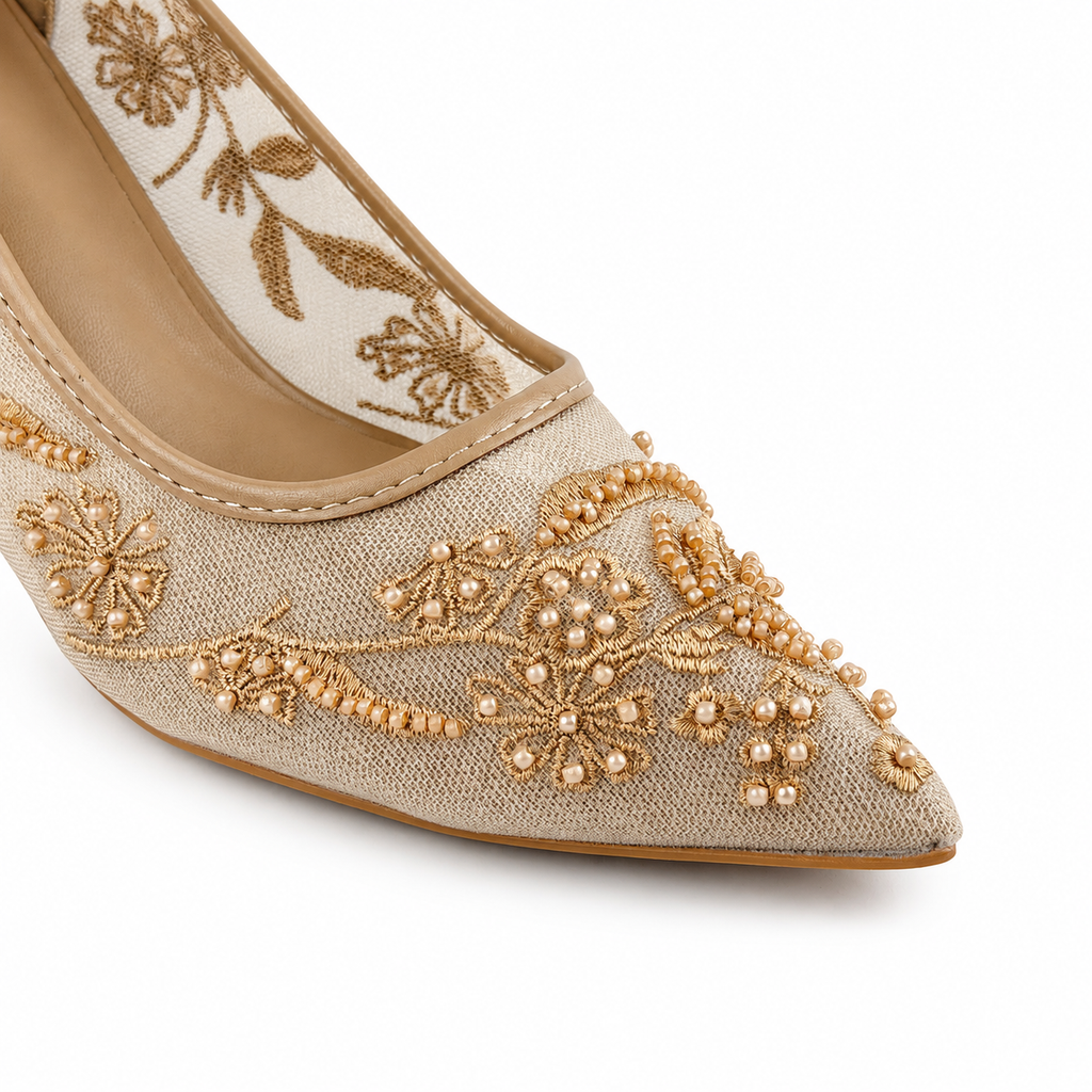 Embroidered Pearl Heels - Beige - image 3