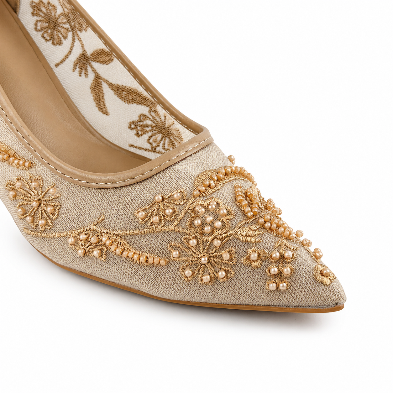 Embroidered Pearl Heels - Beige - image 3
