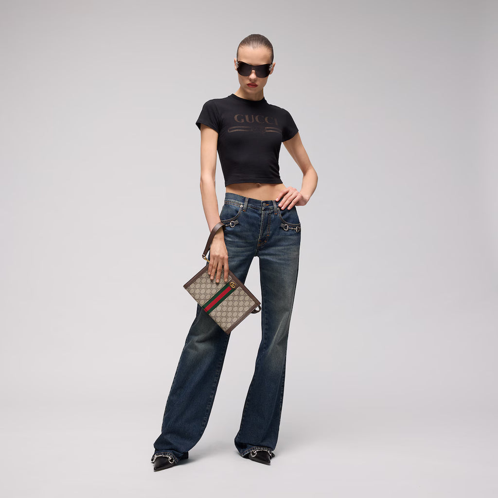 Gucci Ophidia Medium Pouch in beige and ebony GG Supreme canvas with Double G hardware - angled view | MOAH