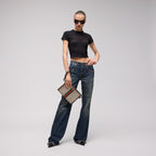 Gucci Ophidia Medium Pouch in beige and ebony GG Supreme canvas with Double G hardware - angled view | MOAH