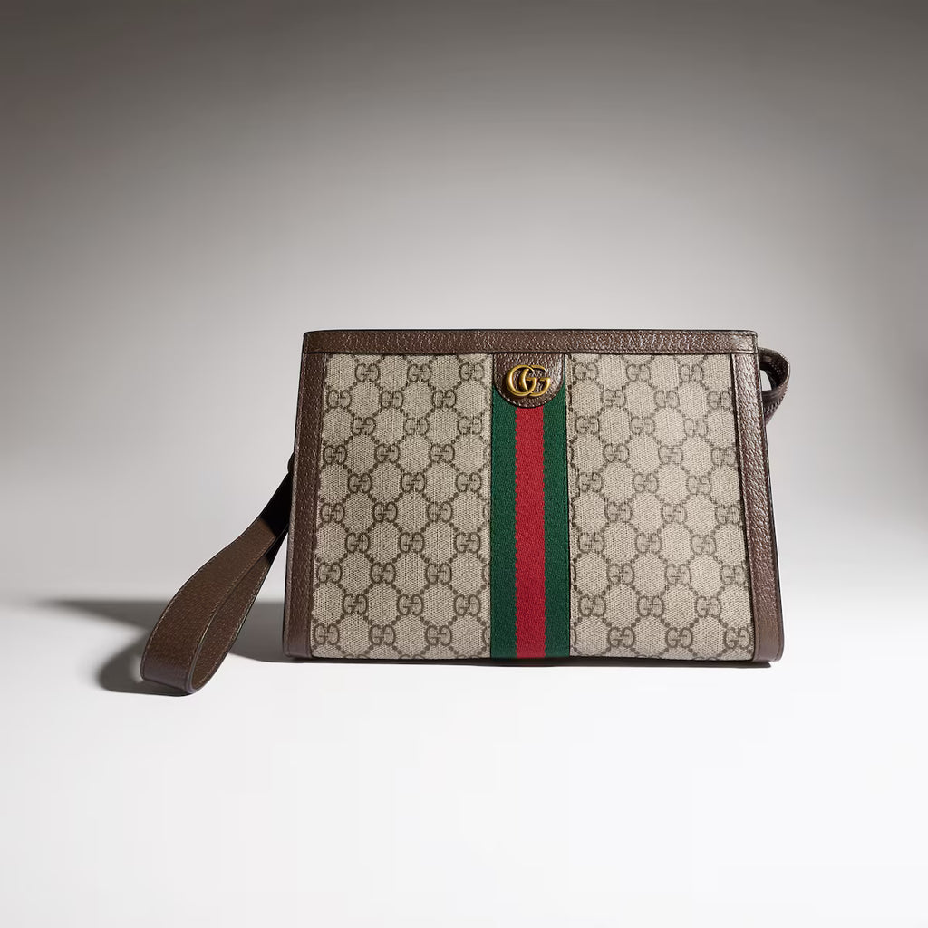 Gucci Ophidia Medium Pouch in beige and ebony GG Supreme canvas with green and red Web stripe - front view | MOAH