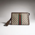 Gucci Ophidia Medium Pouch in beige and ebony GG Supreme canvas with green and red Web stripe - front view | MOAH