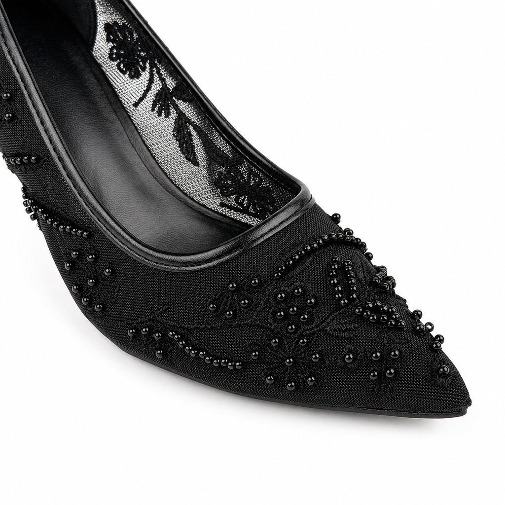 Embroidered Pearl Heels - Black - image 3