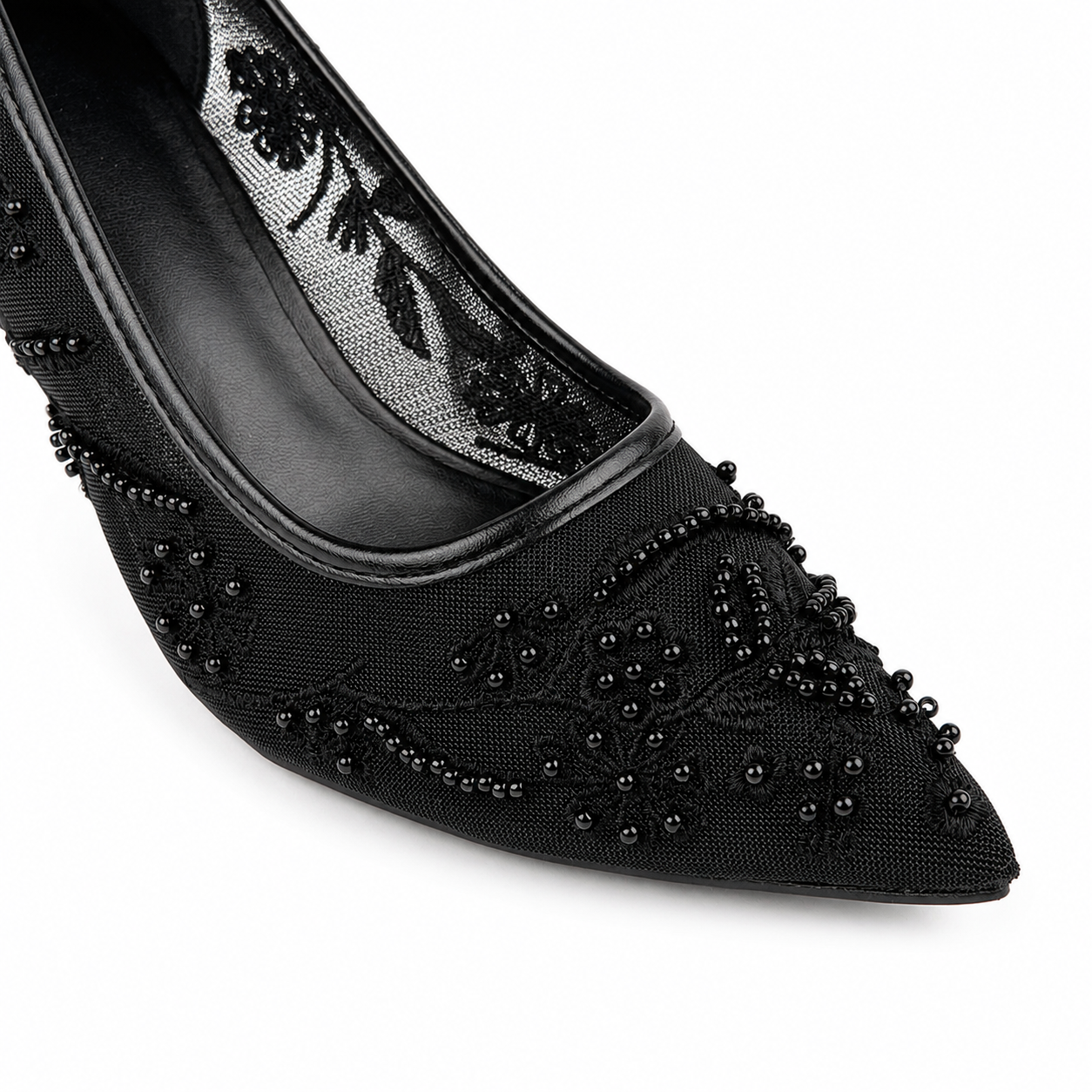 Embroidered Pearl Heels - Black - image 3