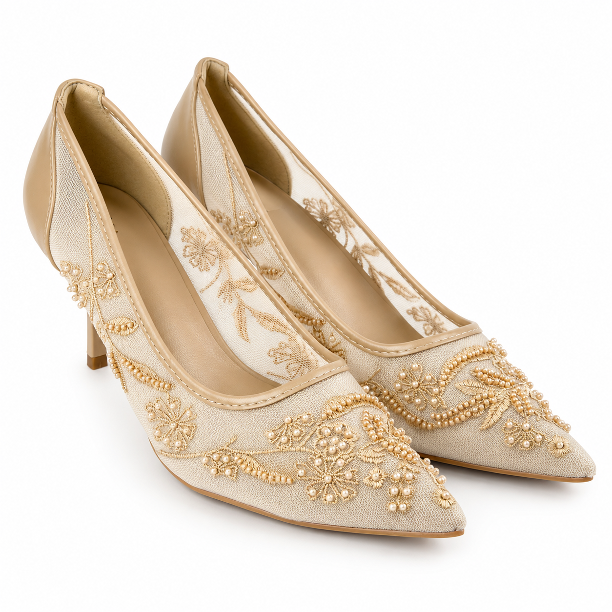 Embroidered Pearl Heels - Beige - image 5