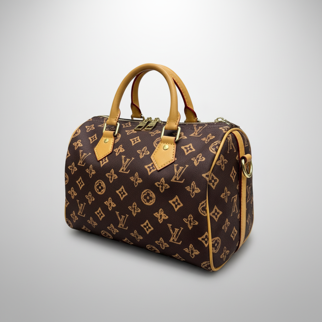 Louis Vuitton monogram canvas duffel bag with tan leather handles and trim, gold-tone hardware, and a hanging white authenticity tag on a white background.