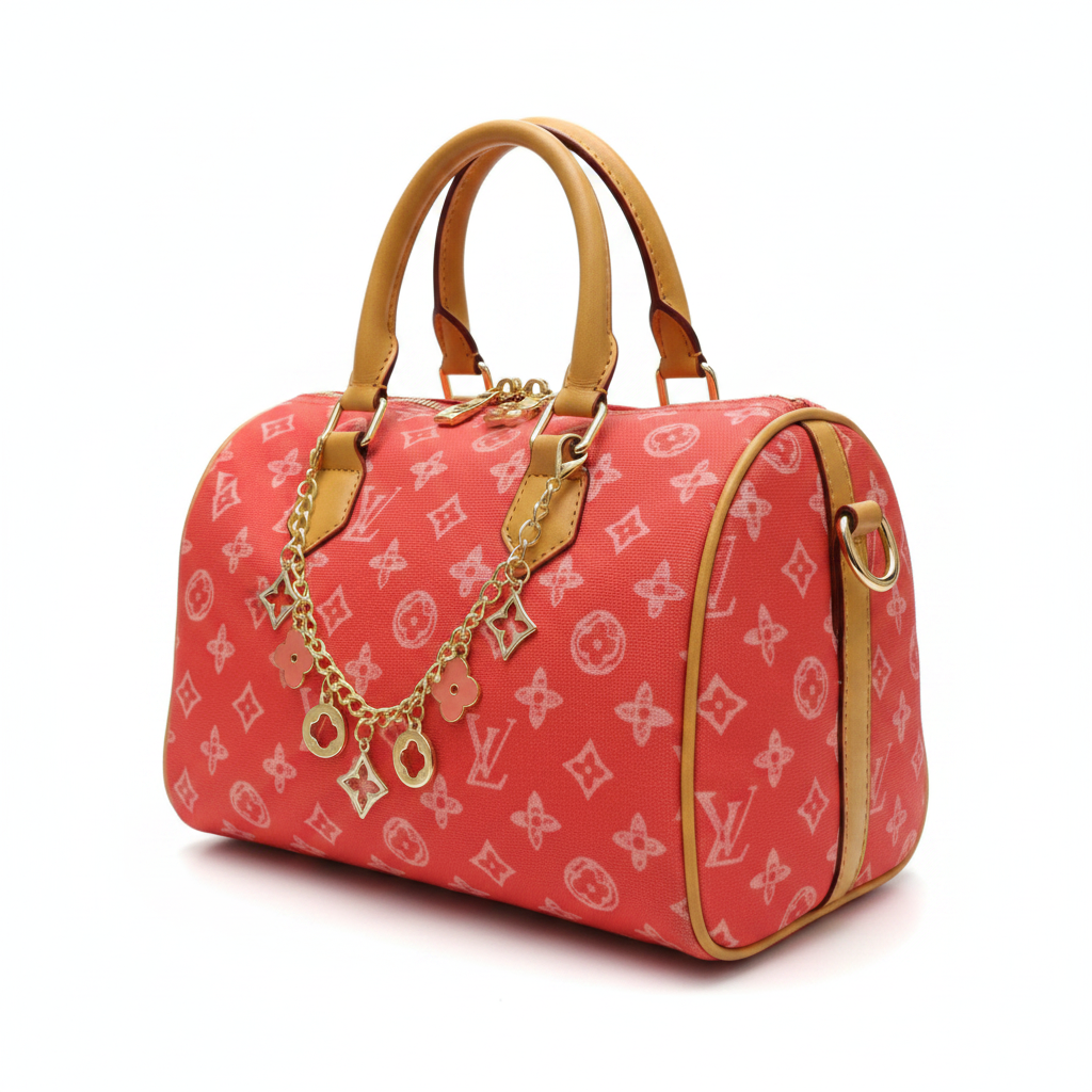 A red Louis Vuitton monogram canvas duffel bag with tan leather handles and trim, featuring a gold-tone chain strap with a hanging key charm, set against a plain white background.