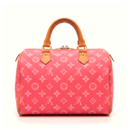 A pink Louis Vuitton monogram Speedy handbag with tan leather handles and trim, shown on a clean white background.