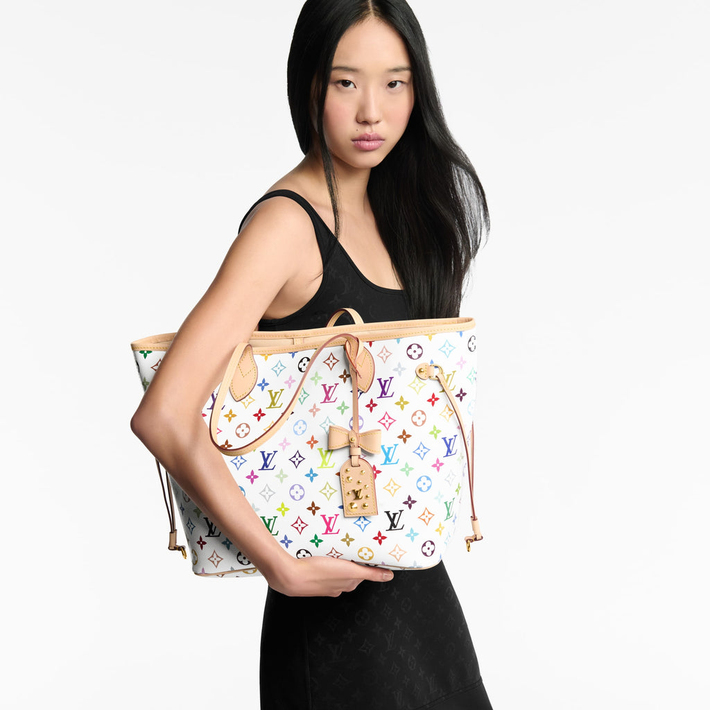 Louis Vuitton x TM Neverfull MM in Multicolor White - carry view | MOAH