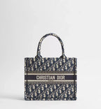 MOAH Christian Dior small book tote in navy and beige embroidered textile with signature Oblique motif