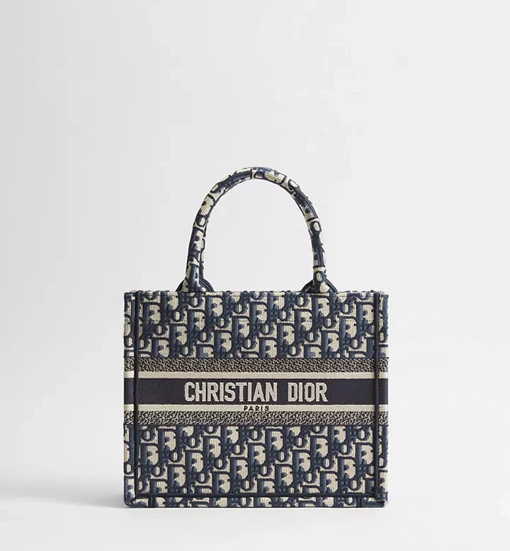 MOAH Christian Dior small book tote in navy and beige embroidered textile with signature Oblique motif