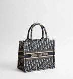 MOAH Christian Dior small book tote in navy and beige embroidered Oblique canvas with signature front logo