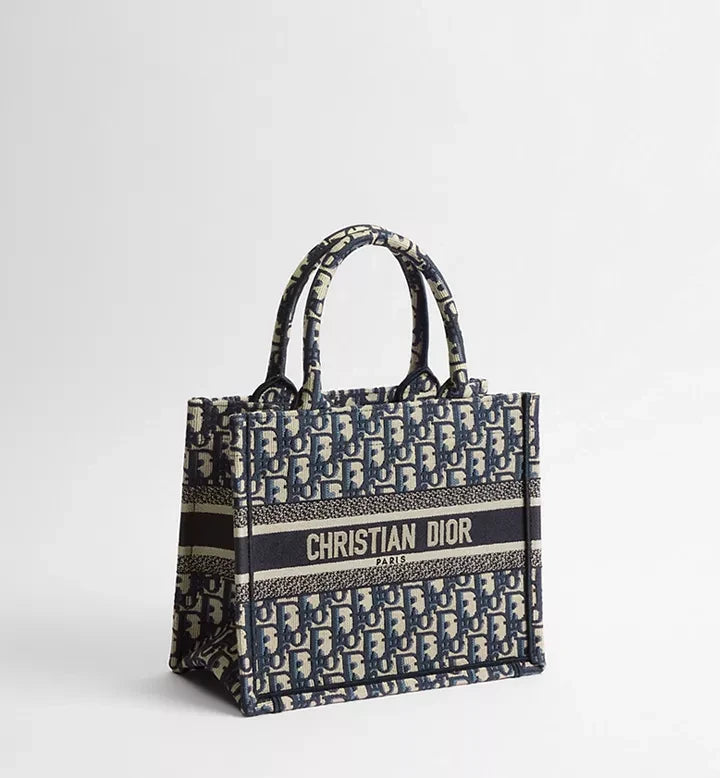 MOAH Christian Dior small book tote in navy and beige embroidered Oblique canvas with signature front logo