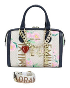 MOAH Emily Loran floral monogram satchel handbag with heart and butterfly charms and detachable logo shoulder strap