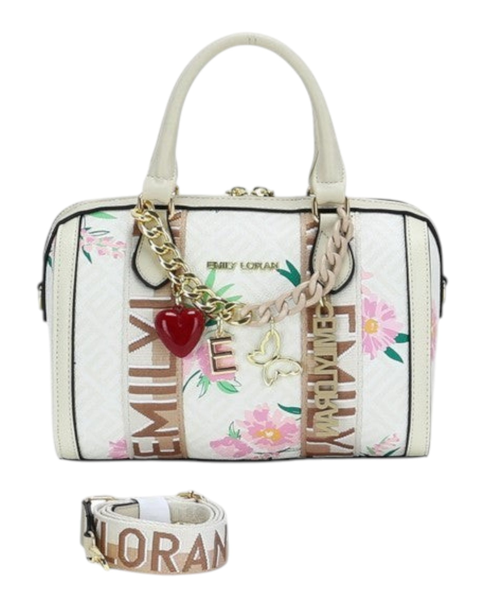 MOAH Emily Loran floral satchel with monogram print, heart and butterfly charms, and detachable logo shoulder strap.