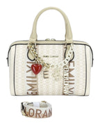 MOAH Emily Loran monogram satchel handbag in beige with heart, butterfly, and letter charms and detachable strap
