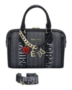 MOAH Emily Loran monogram satchel handbag with heart, butterfly, and letter charms and a detachable shoulder strap.