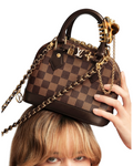 MOAH Louis Vuitton Alma Nano handbag in Damier Ebene canvas with brown leather trim and gold-tone chain strap
