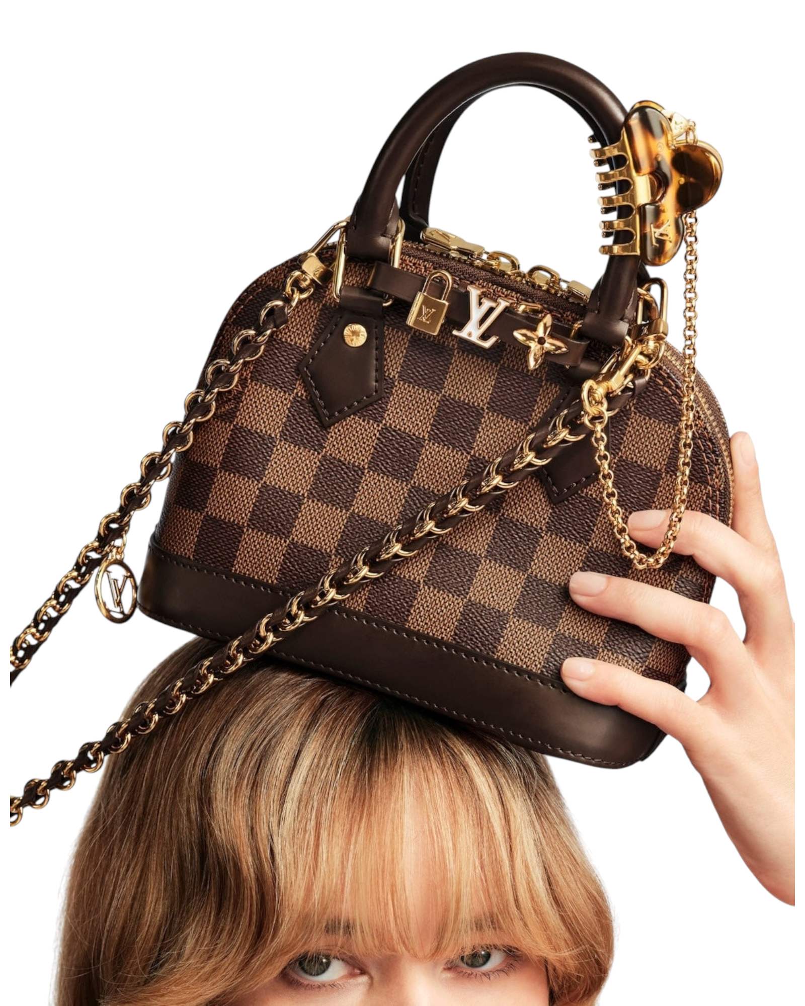 MOAH Louis Vuitton Alma Nano handbag in Damier Ebene canvas with brown leather trim and gold-tone chain strap