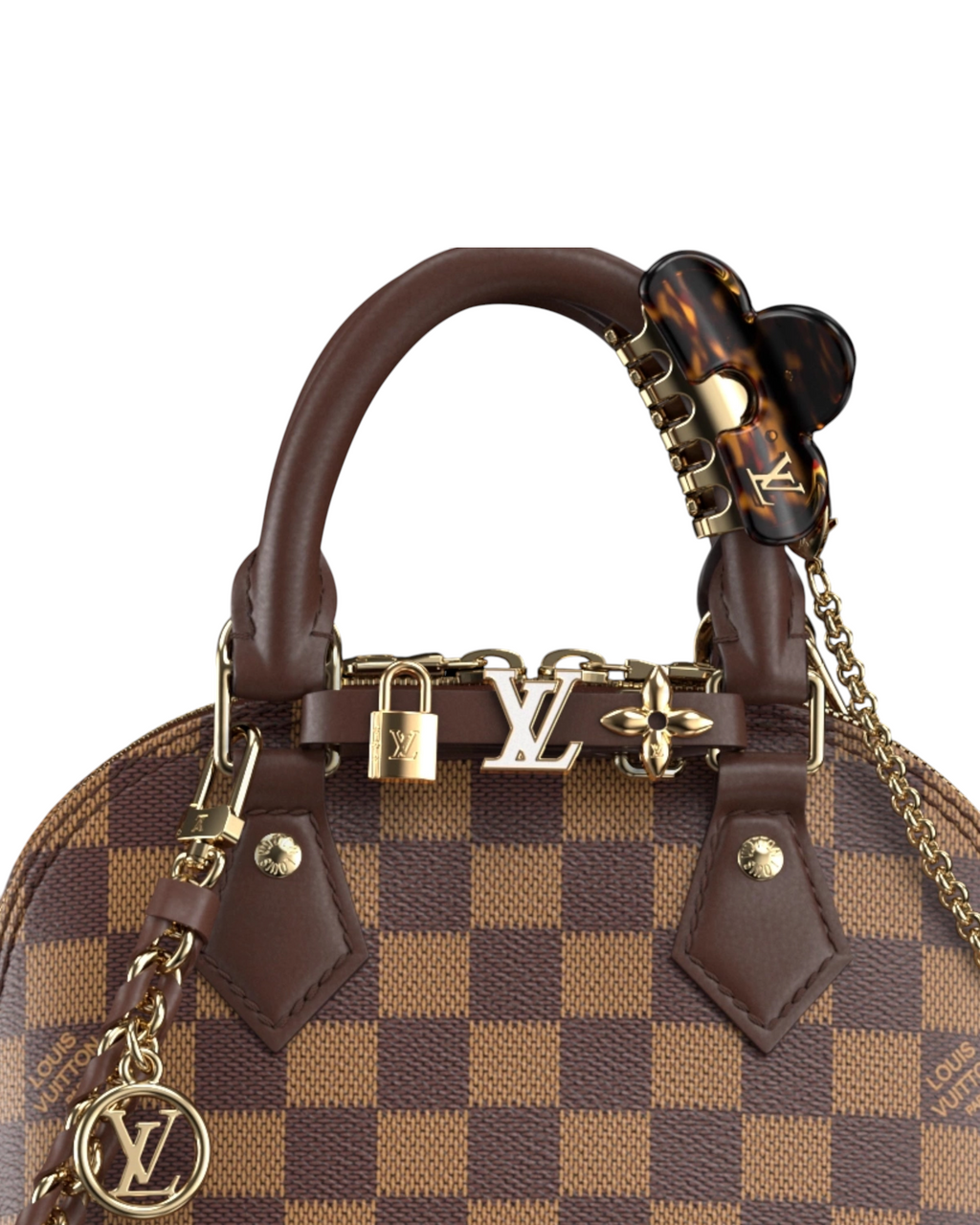 MOAH Louis Vuitton Alma Nano handbag in Damier Ebene canvas with brown leather trim and gold-tone hardware details.
