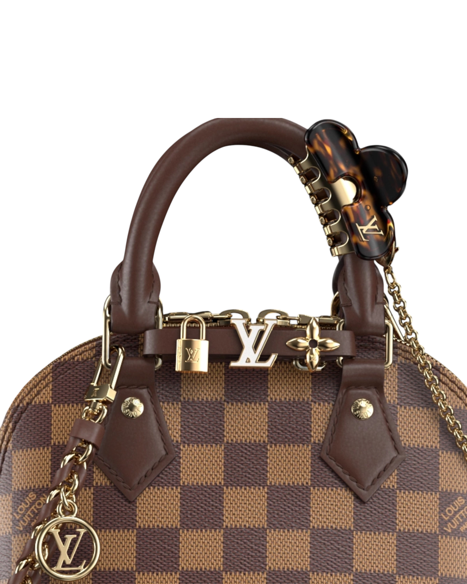 MOAH Louis Vuitton Alma Nano handbag in Damier Ebene canvas with brown leather trim and gold-tone hardware details.