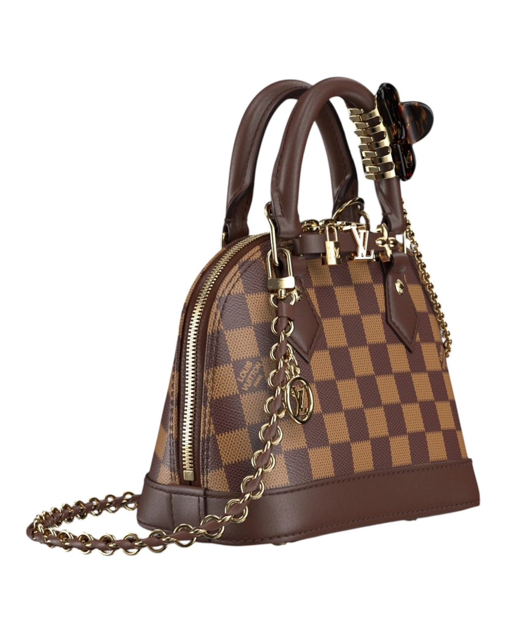 MOAH Louis Vuitton Alma Nano handbag in Damier Ebene canvas with brown leather trim, gold chain, and LV charm.