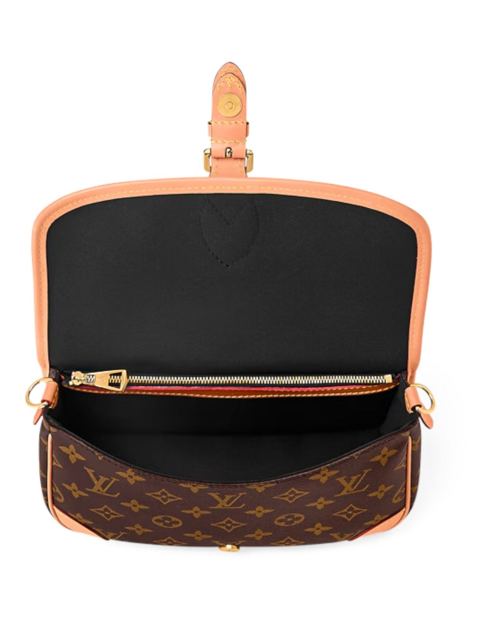 MOAH Louis Vuitton monogram canvas shoulder bag interior view with gold hardware and fabric lining