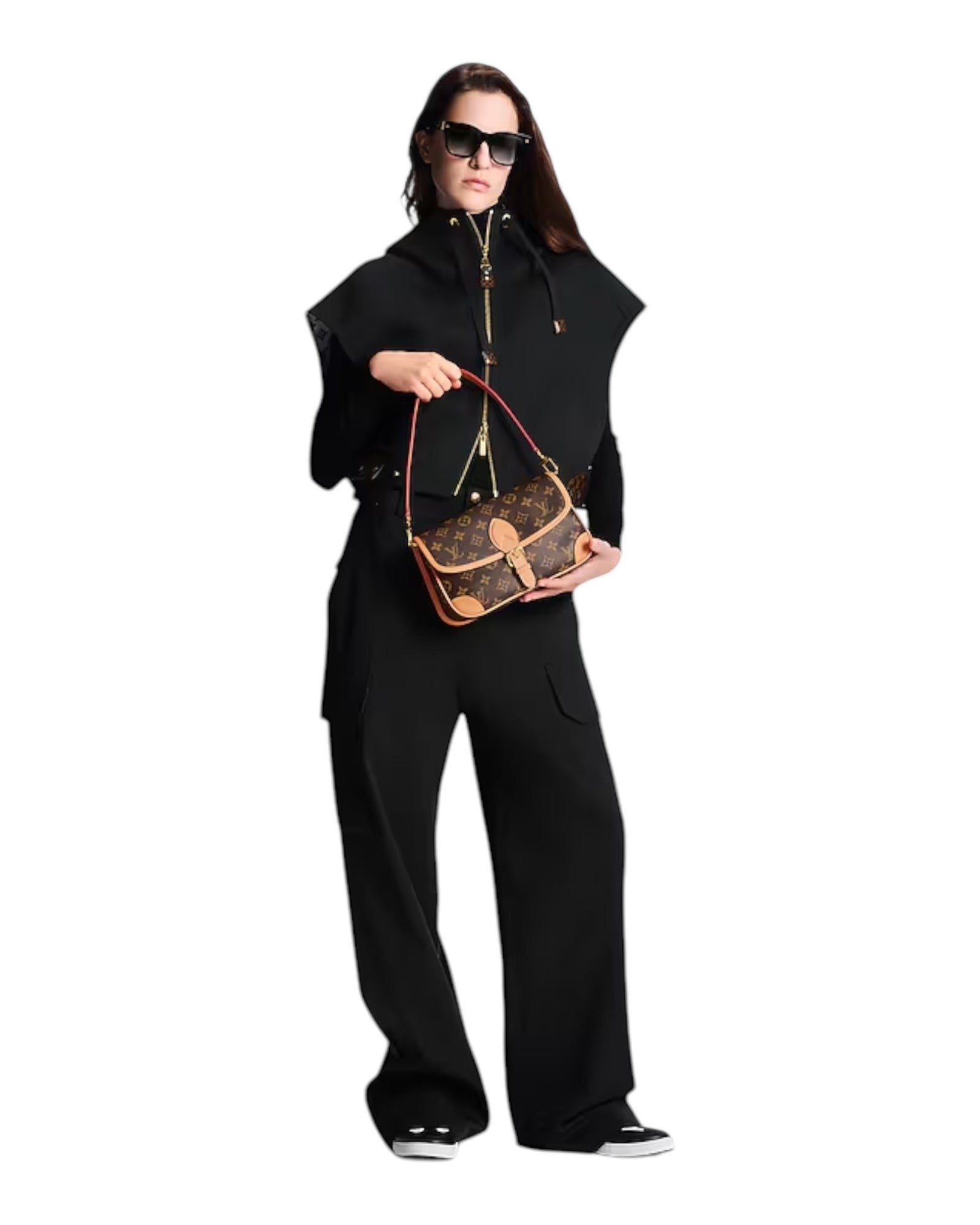 MOAH model wearing all-black outfit holding a Louis Vuitton Monogram canvas shoulder bag with cowhide leather trim
