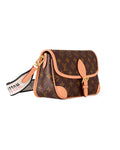 MOAH Louis Vuitton monogram canvas shoulder bag with cowhide leather trim, buckle closure, and graphic logo strap.