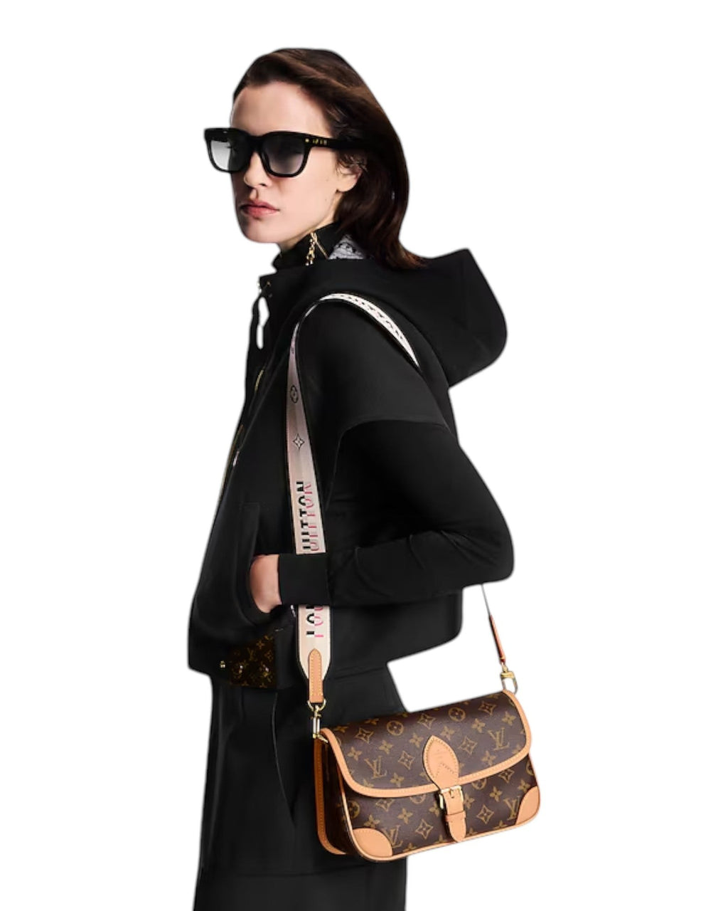 MOAH model wearing a Louis Vuitton monogram canvas shoulder bag with a graphic logo strap and gold-tone hardware.