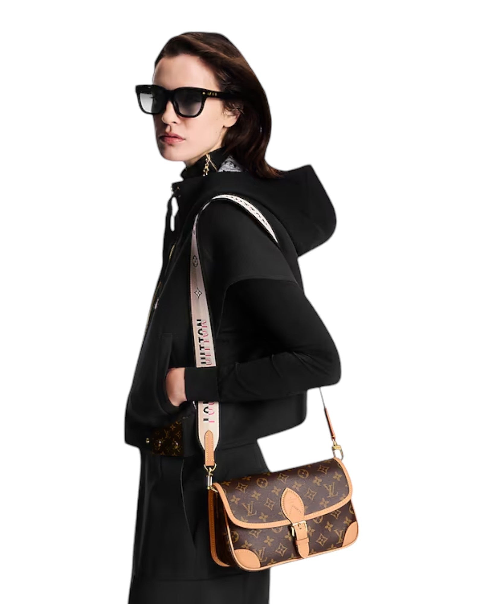 MOAH model wearing a Louis Vuitton monogram canvas shoulder bag with a graphic logo strap and gold-tone hardware.