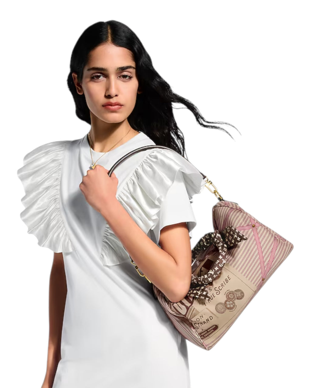 MOAH Louis Vuitton Speedy Bandouliere handbag with pink and brown vintage print, scarf-wrapped handle, and gold hardware
