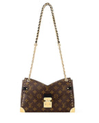 Louis Vuitton Trunkie bag in brown monogram canvas with gold-toned rivets, S-lock clasp, and chain strap.
