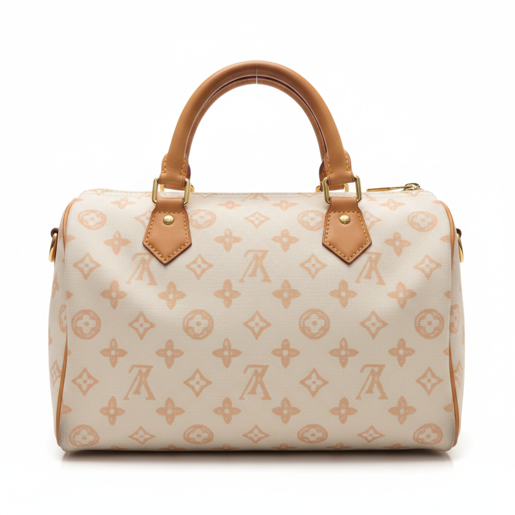 MOAH monogram canvas barrel handbag with tan leather trim and gold hardware in a retail store setting