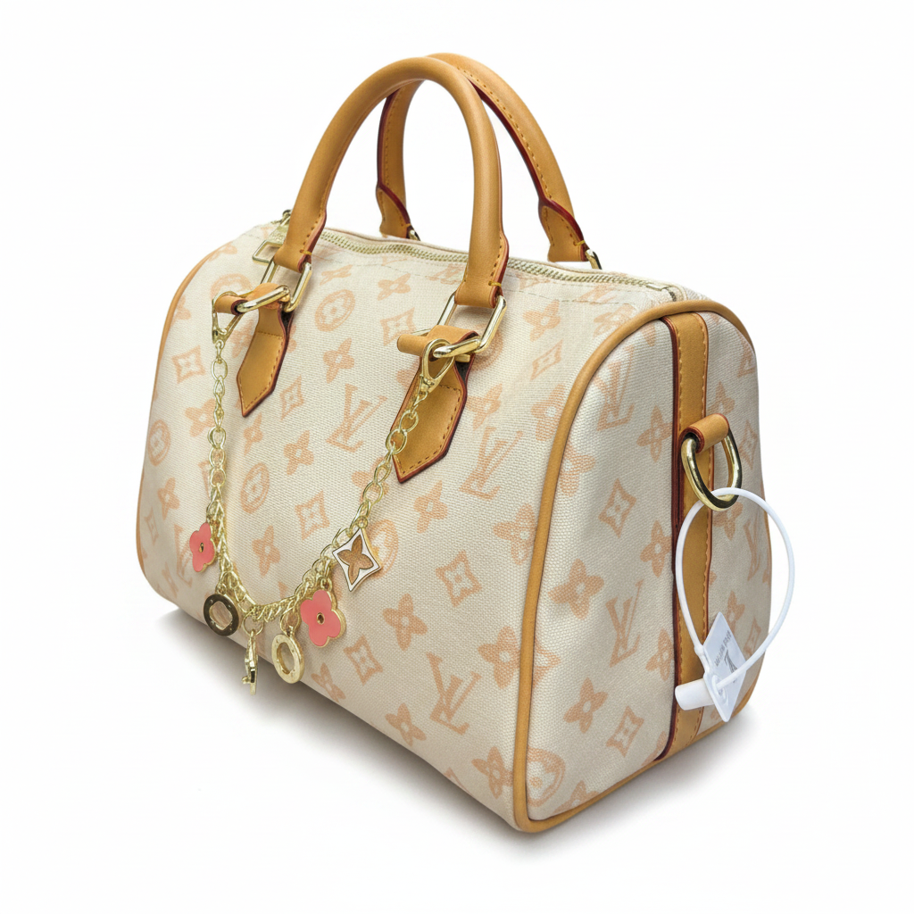 MOAH monogram canvas barrel handbag with tan leather trim, top handles, and a gold-tone chain with floral charms.