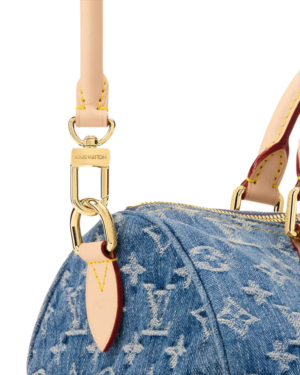 MOAH shoes Louis Vuitton blue denim monogram Speedy handbag with gold-tone hardware and leather strap detail