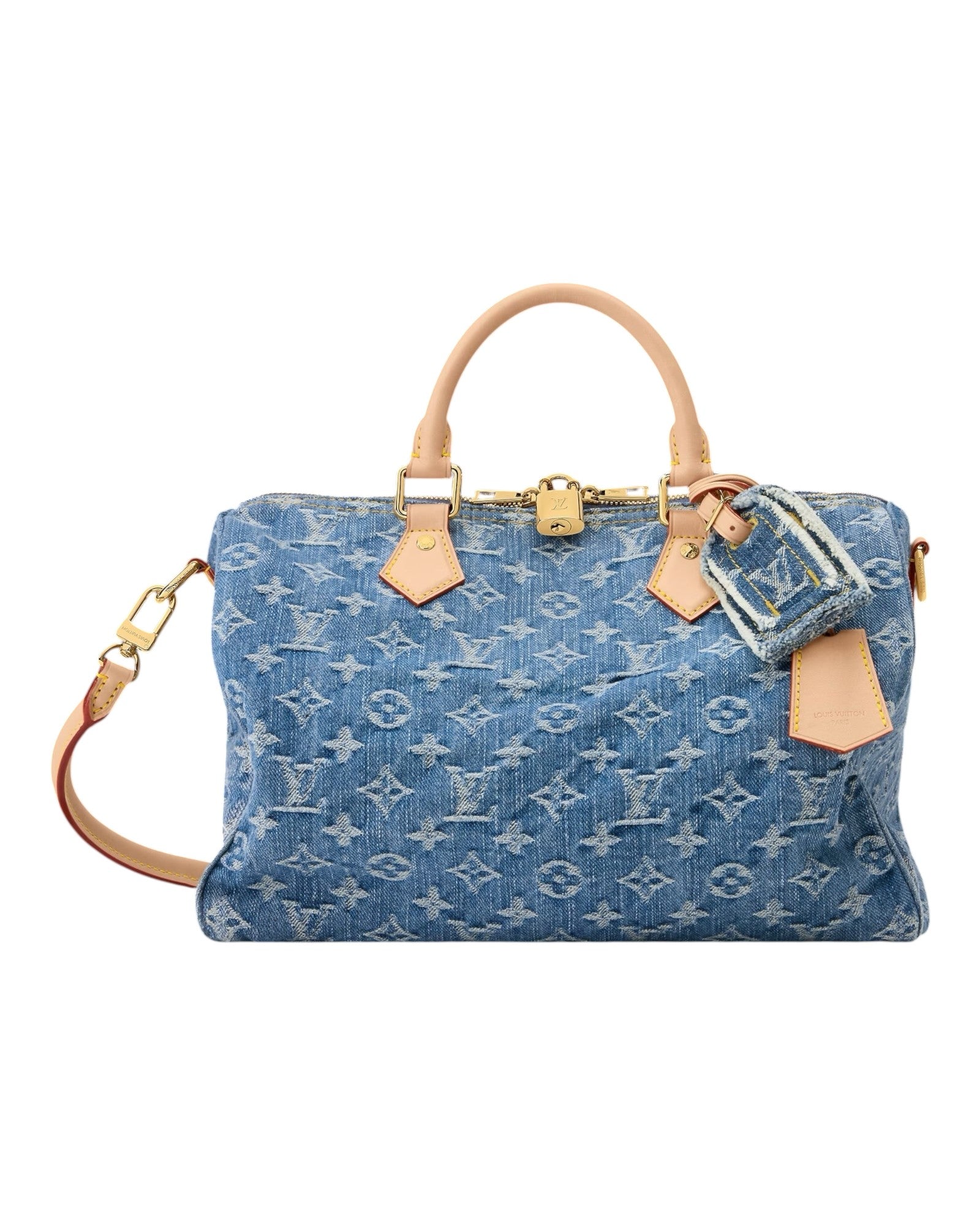 MOAH shoes Louis Vuitton blue denim monogram Speedy Bandouliere handbag with cowhide leather trim and gold hardware.