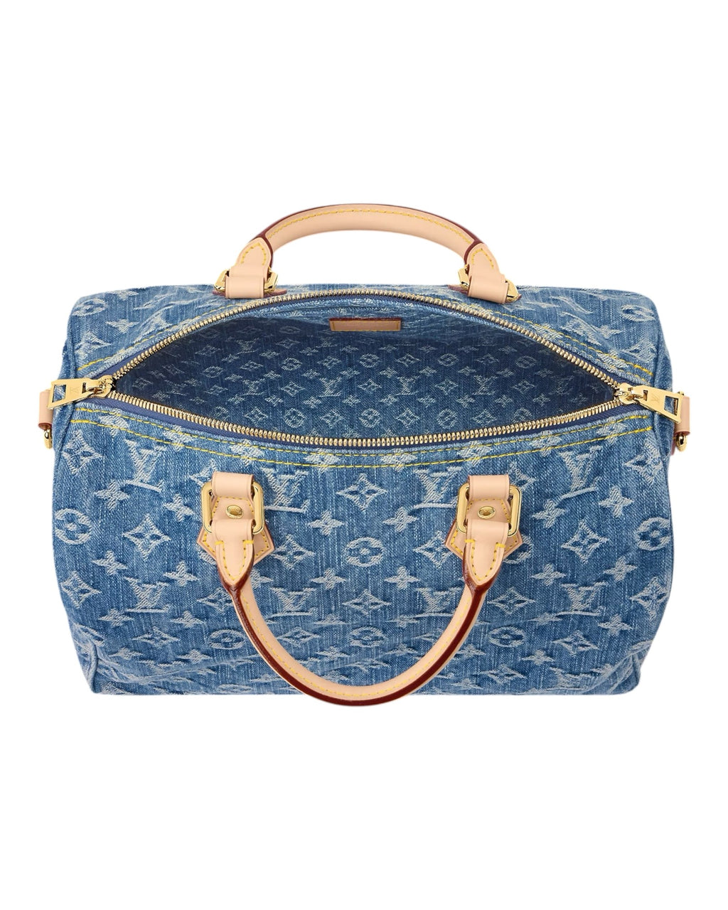 MOAH shoes Louis Vuitton Speedy Bandouliere blue denim monogram handbag with cowhide leather trim and gold hardware