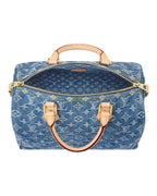 MOAH shoes Louis Vuitton Speedy Bandouliere blue denim monogram handbag with cowhide leather trim and gold hardware