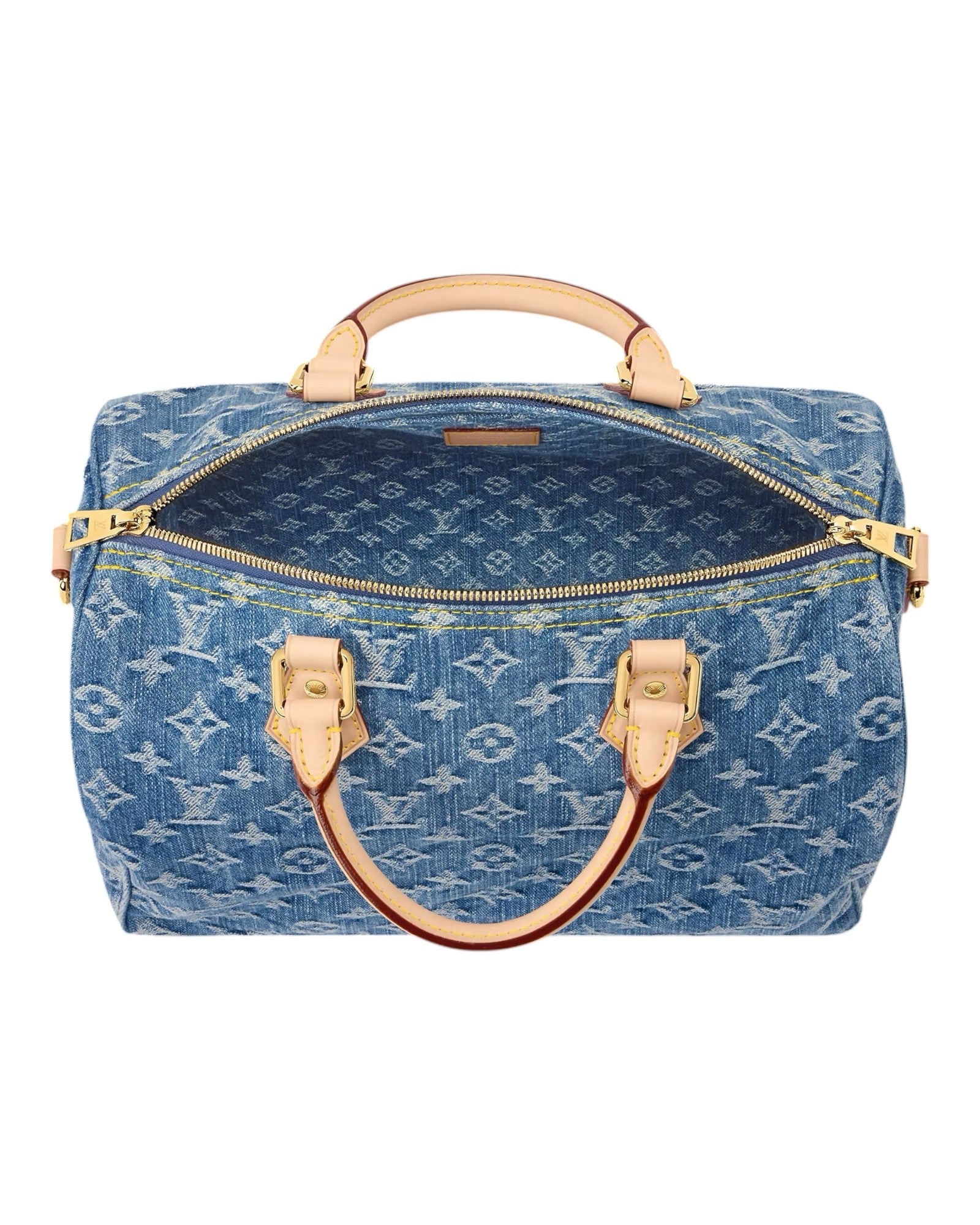 MOAH shoes Louis Vuitton Speedy Bandouliere blue denim monogram handbag with cowhide leather trim and gold hardware