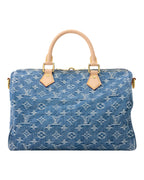 MOAH shoes Louis Vuitton Speedy Bandouliere blue denim handbag with monogram pattern and cowhide leather handles