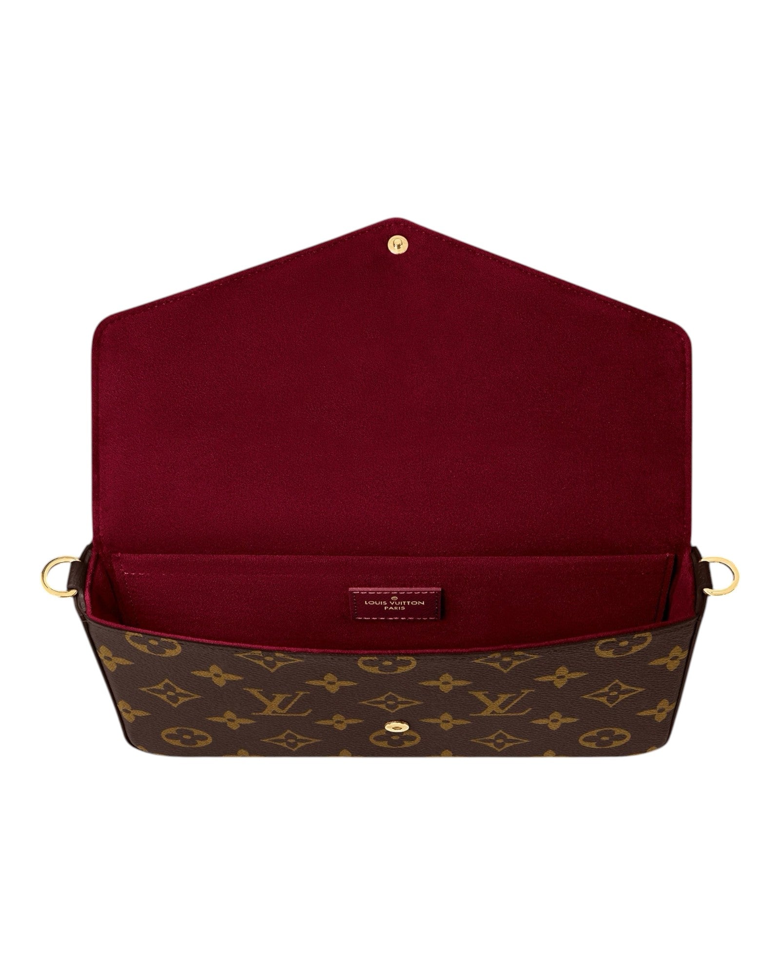 MOAH shoes Louis Vuitton envelope chain wallet in monogram canvas with a vibrant red interior and gold hardware.