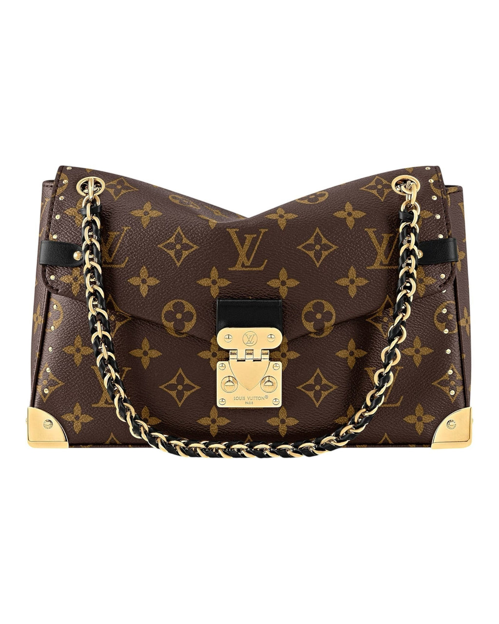 Louis Vuitton Trunkie monogram canvas shoulder bag front view with gold chain strap and metallic hardware.