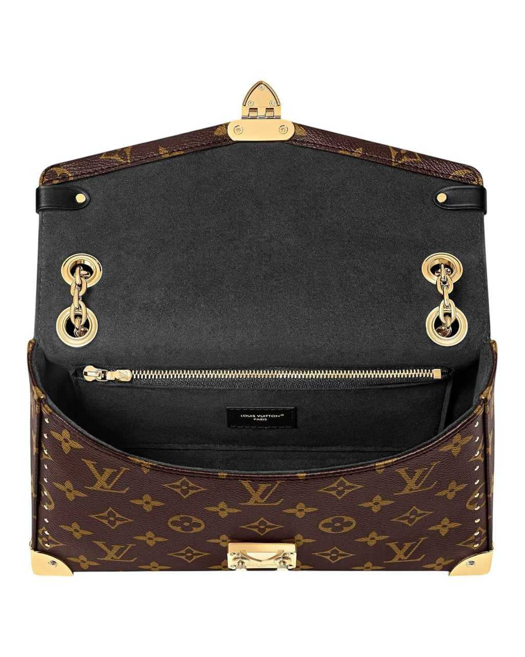 Louis Vuitton Trunkie monogram canvas shoulder bag interior view with gold hardware and chain strap.